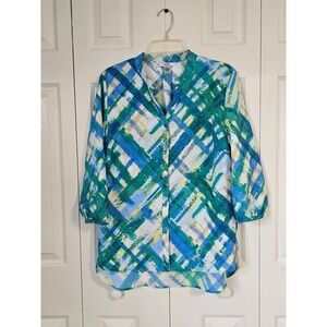 Alia Womens Blue Green Abstract Geometric Seersucker Button Down Blouse Size 14